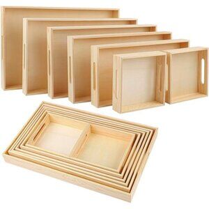 Wooden Serving Trays Set 7 Pieces Nested Rectangular Trays with Handles Kitchen